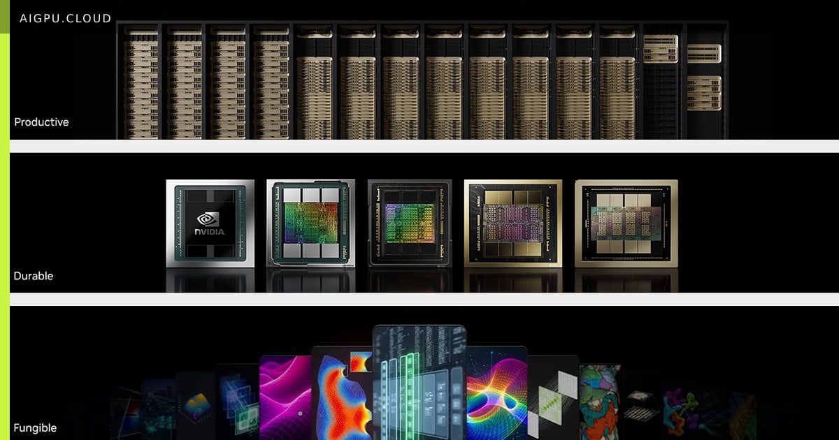 Illustration of an AI factory with GPU racks and power metrics