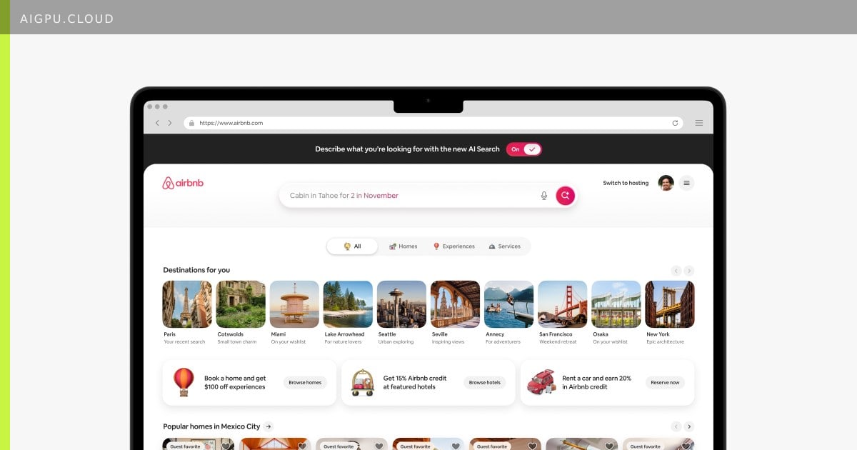 واجهة تطبيق إير بي إن بي تُظهر البحث عن العقارات المدعوم بالذكاء الاصطناعي مع عوامل التصفية الديناميكية