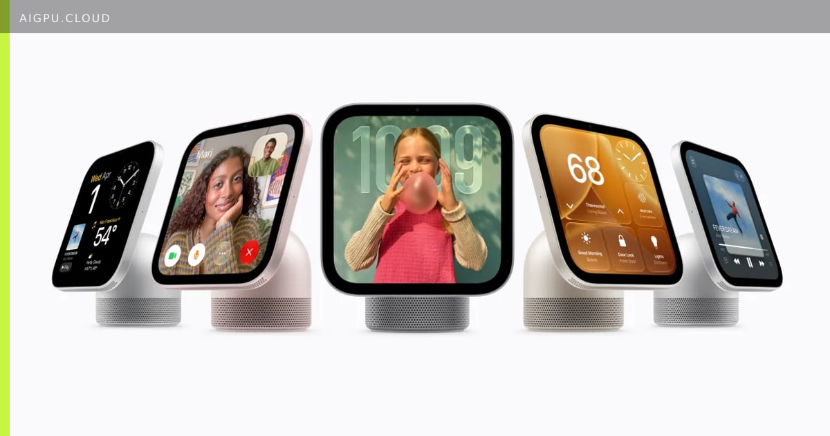 شاشة آبل HomeView الذكية على طاولة مطبخ تعرض أداة وصفة مع سيري بالذكاء الاصطناعي نشطة