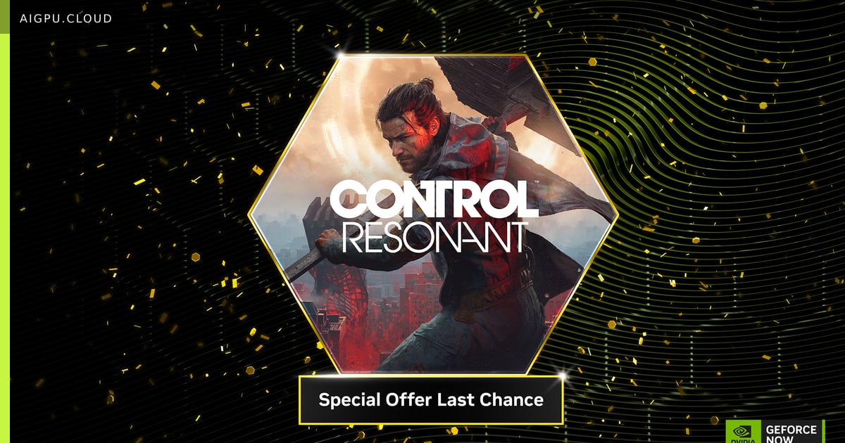 A stylized image of a futuristic cityscape with glowing elements, representing the 'CONTROL Resonant' game, overlaid with a GeForce NOW logo.