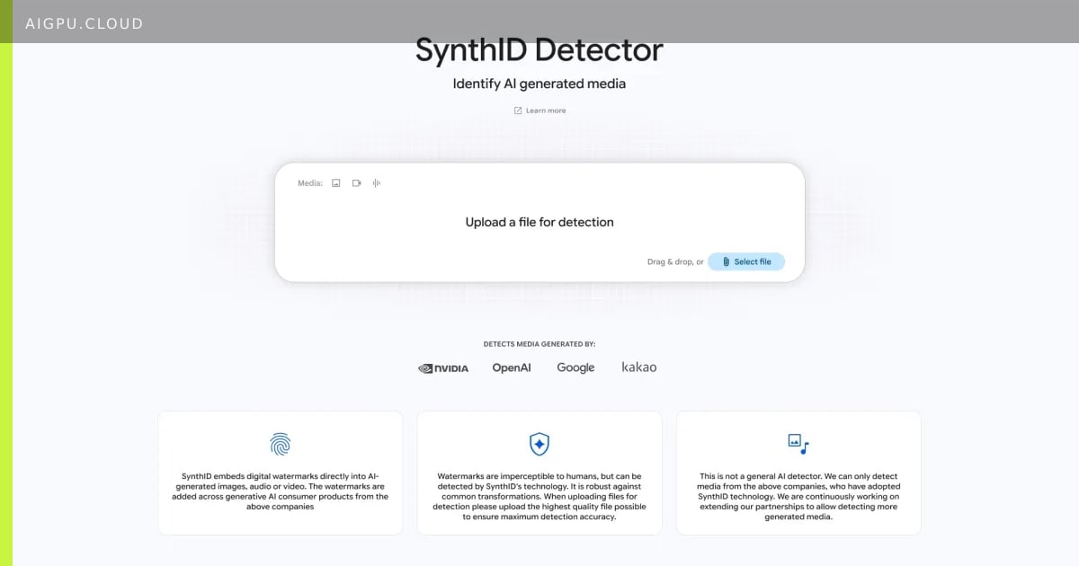Screenshot of Google SynthID verification website showing upload button and result panel