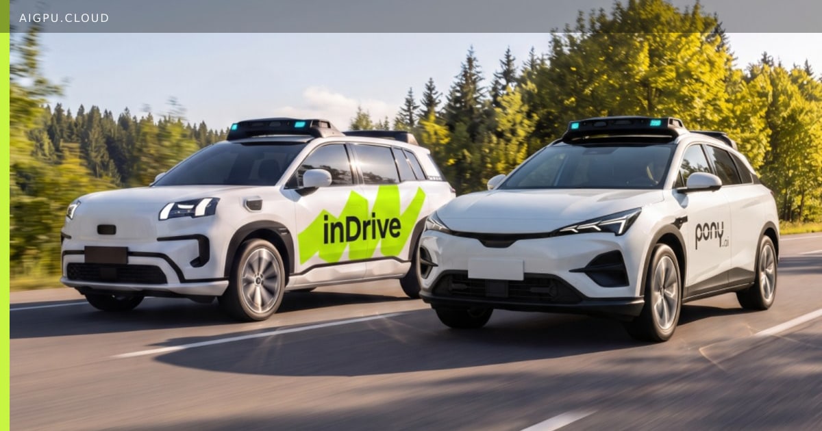 inDrive, Pony.ai and Nvidia logos over a snowy Astana cityscape with autonomous vehicle silhouette