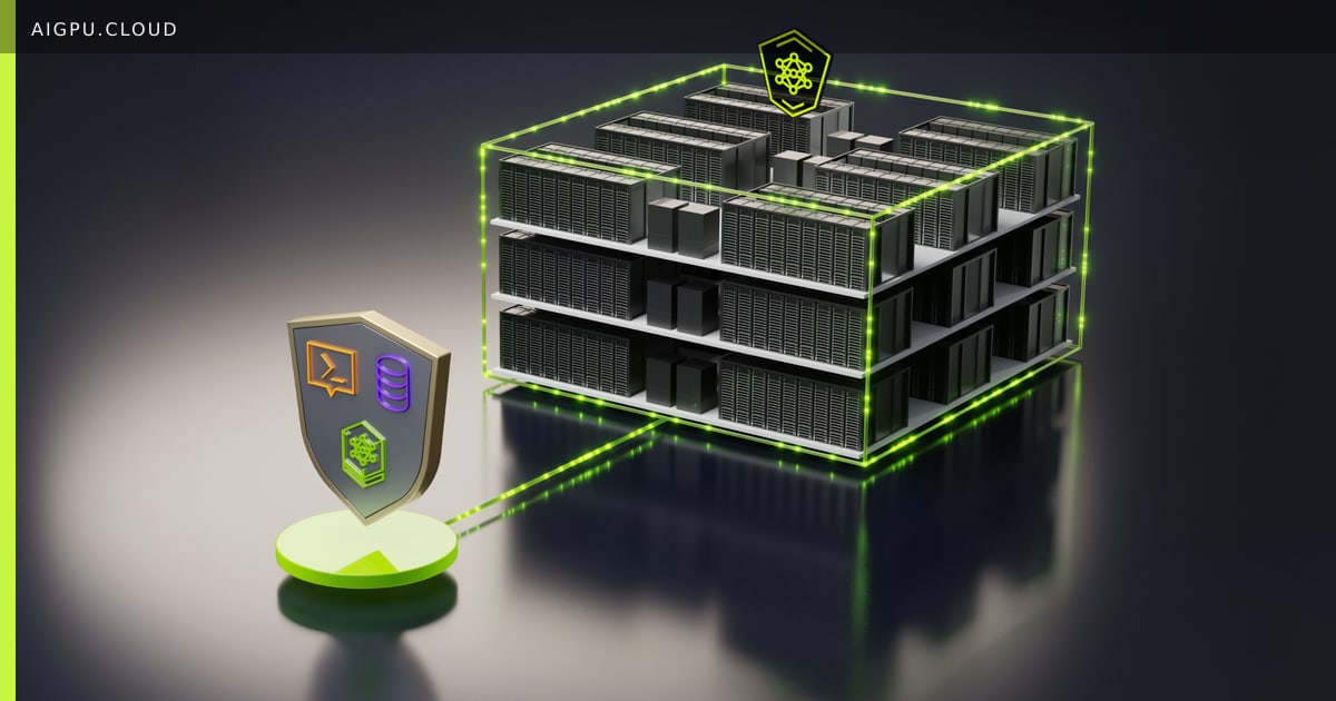 NVIDIA logo displayed on a secure data center server rack with glowing blue GPU nodes