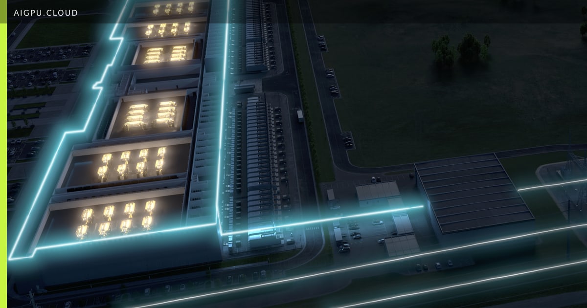 Illustration of an AI factory power architecture with grid, substation, and rack layers