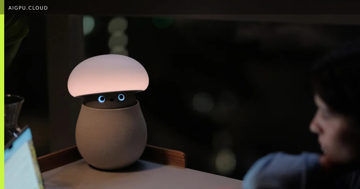 Mori robot mushroom lamp on a side table, camera lens visible, warm ambient lighting