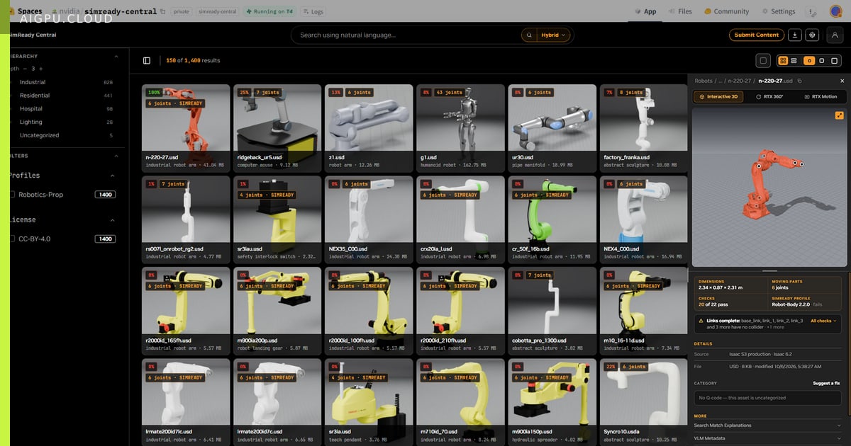 SimReady Central library featuring simulation-ready 3D assets for robotics and AI factories, including robot arms, grippers, warehouse equipment, and digital twin components.